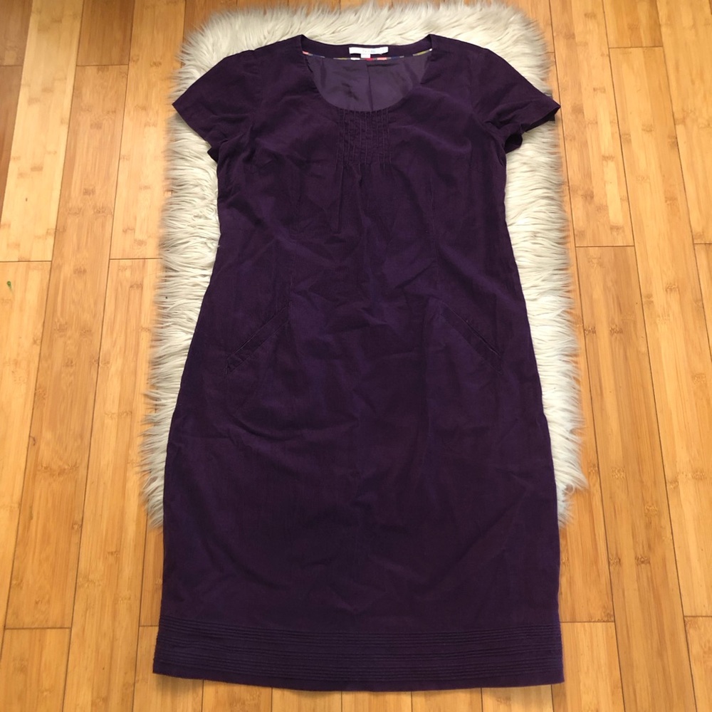 Boden Corduroy Velvet Pintucked Pleated Purple Short Sleeve Sheath Dress 12L